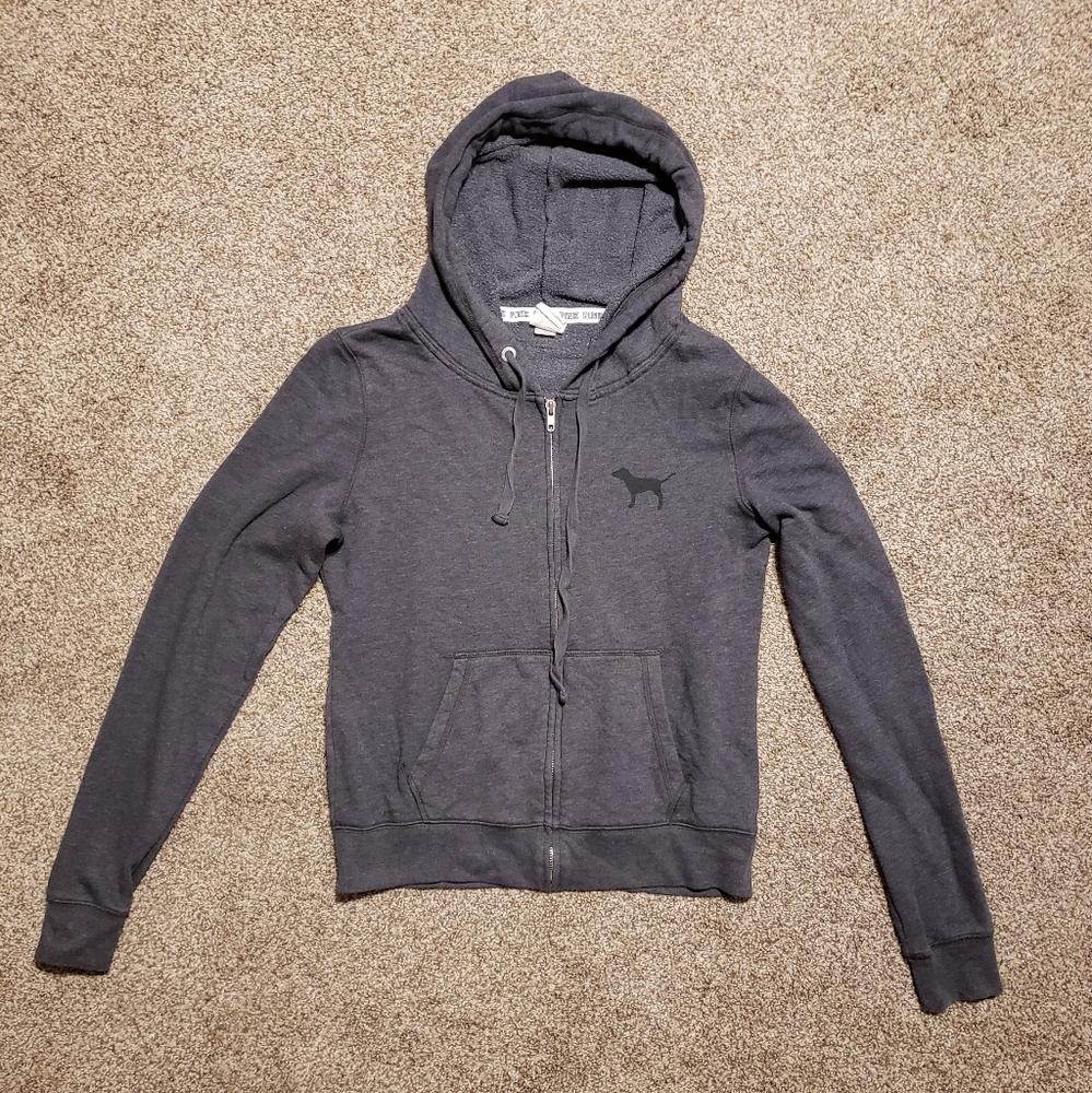 Victoria's Secret PINK grey graphic full zip hoodie sz medium in good condition